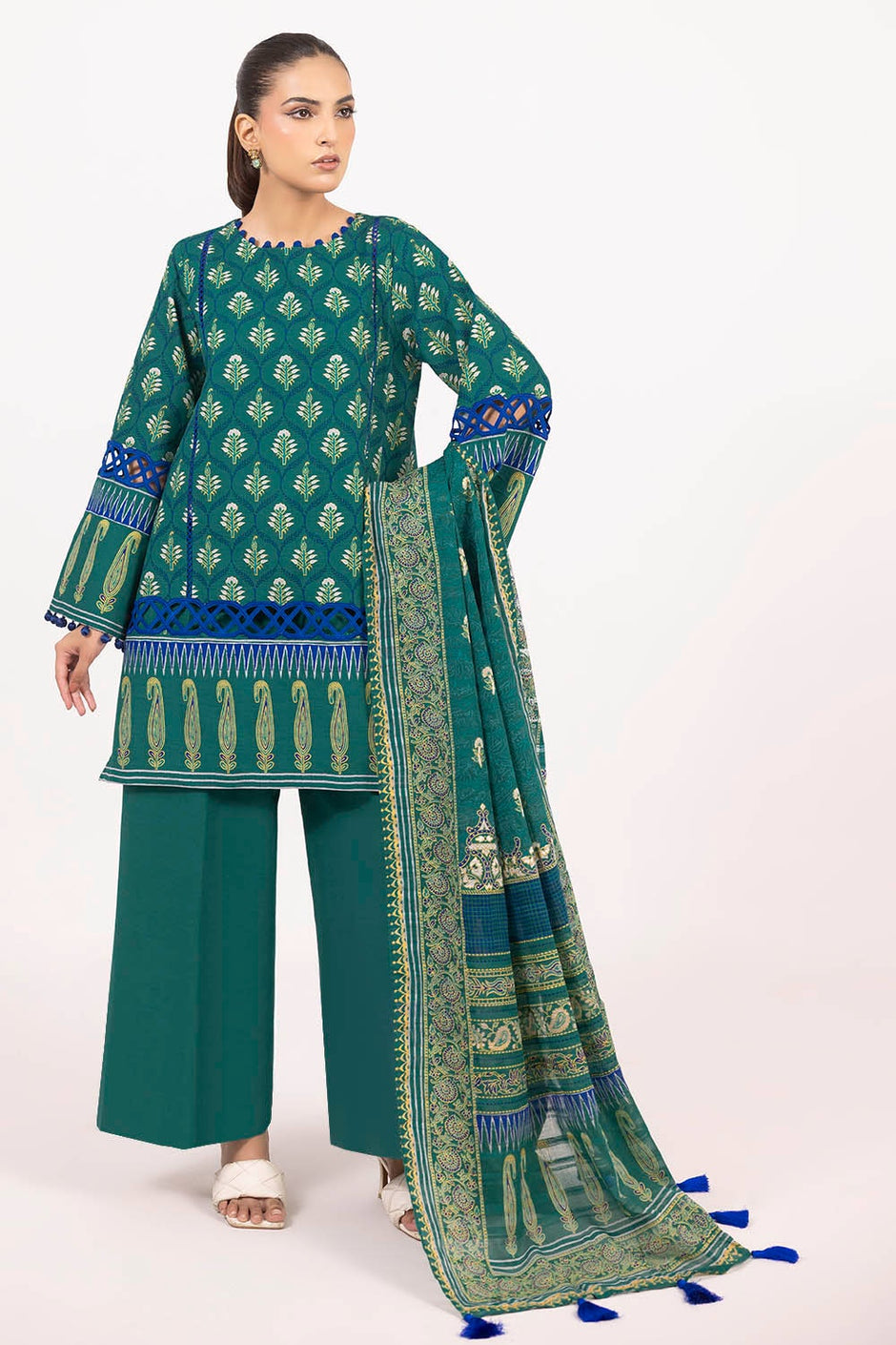 3 Piece Unstitched Printed Stripe Khaddar Suit
