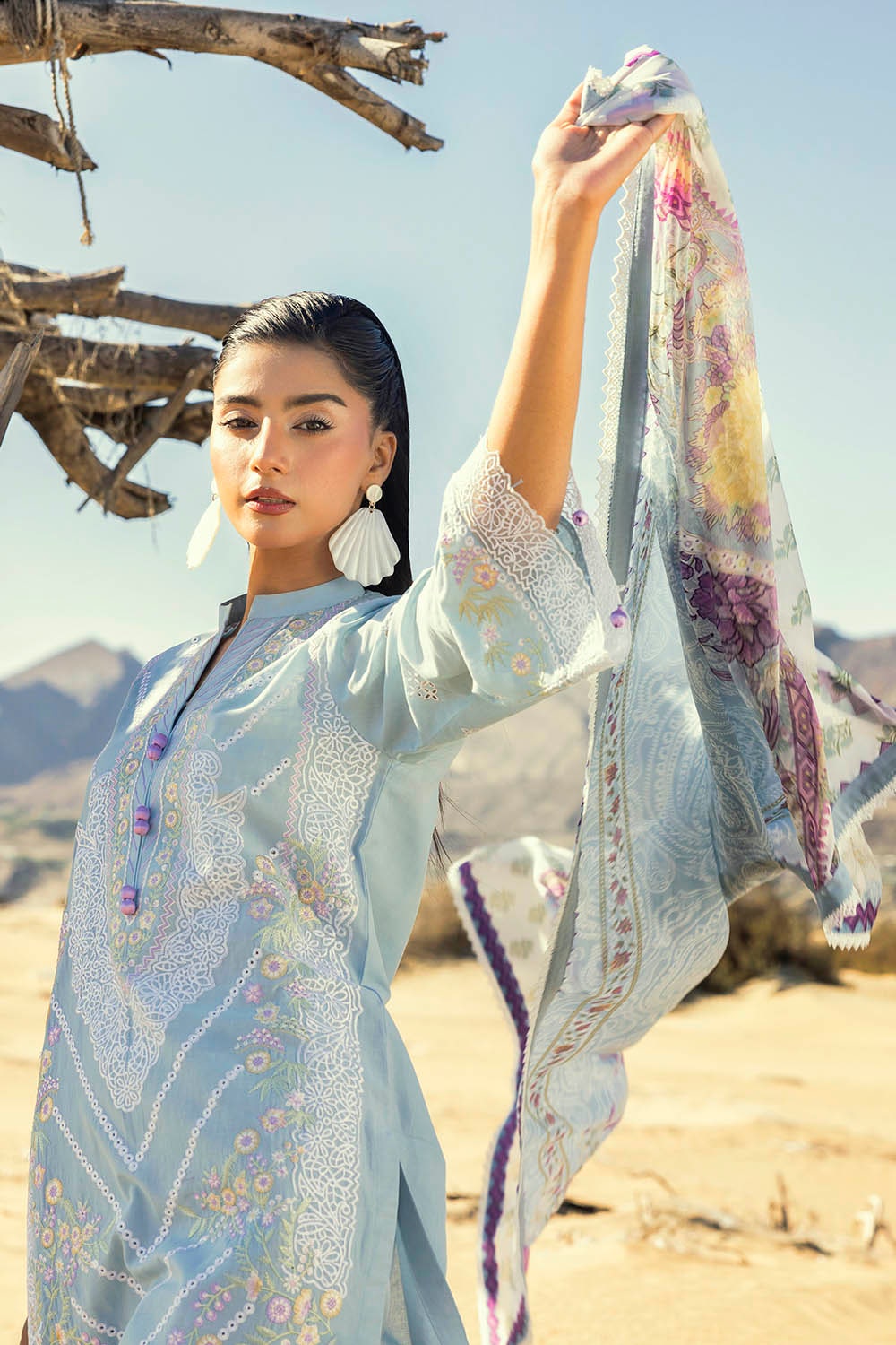 3 Piece Unstitched Embroidered Lawn Suit with Printed Tissue Silk Dupatta SSM-52002
