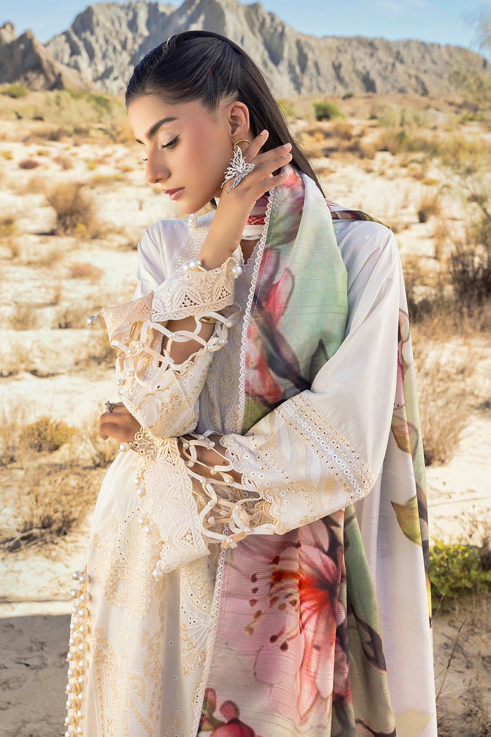 3 Piece Unstitched Embroidered Lawn Suit with Printed Tissue Silk Dupatta SSM-52005