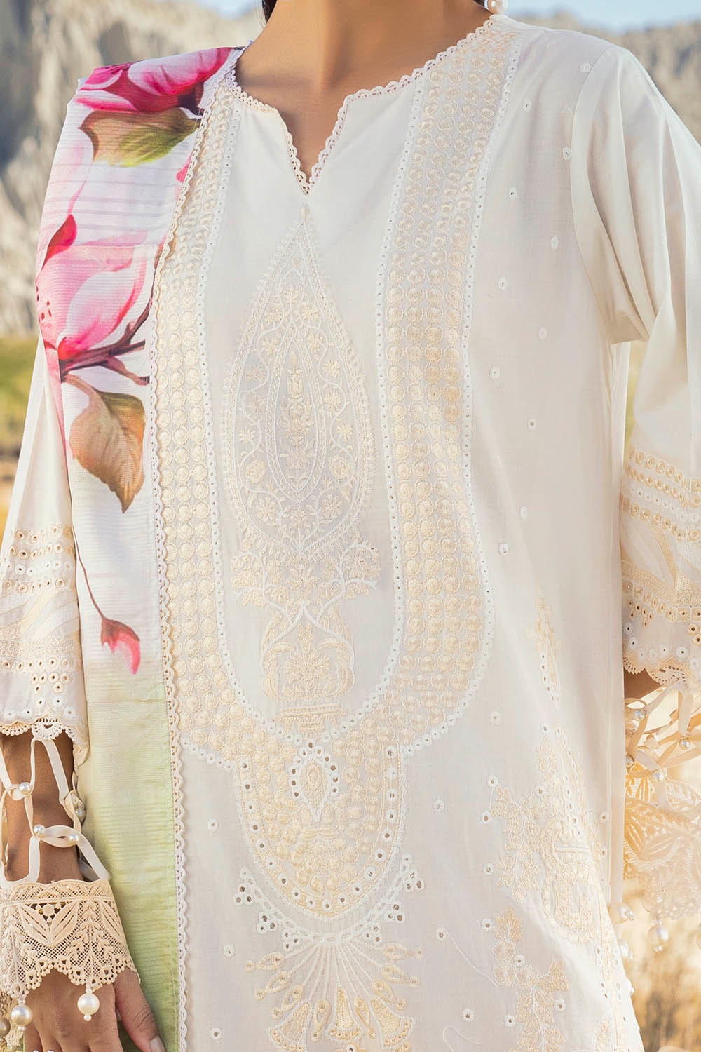 3 Piece Unstitched Embroidered Lawn Suit with Printed Tissue Silk Dupatta SSM-52005