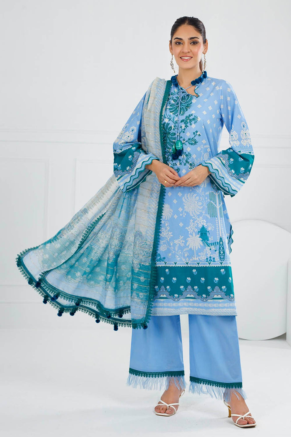 3 Piece Unstitched Embroidered Printed Lawn Suit with Paper Cotton Dupatta
