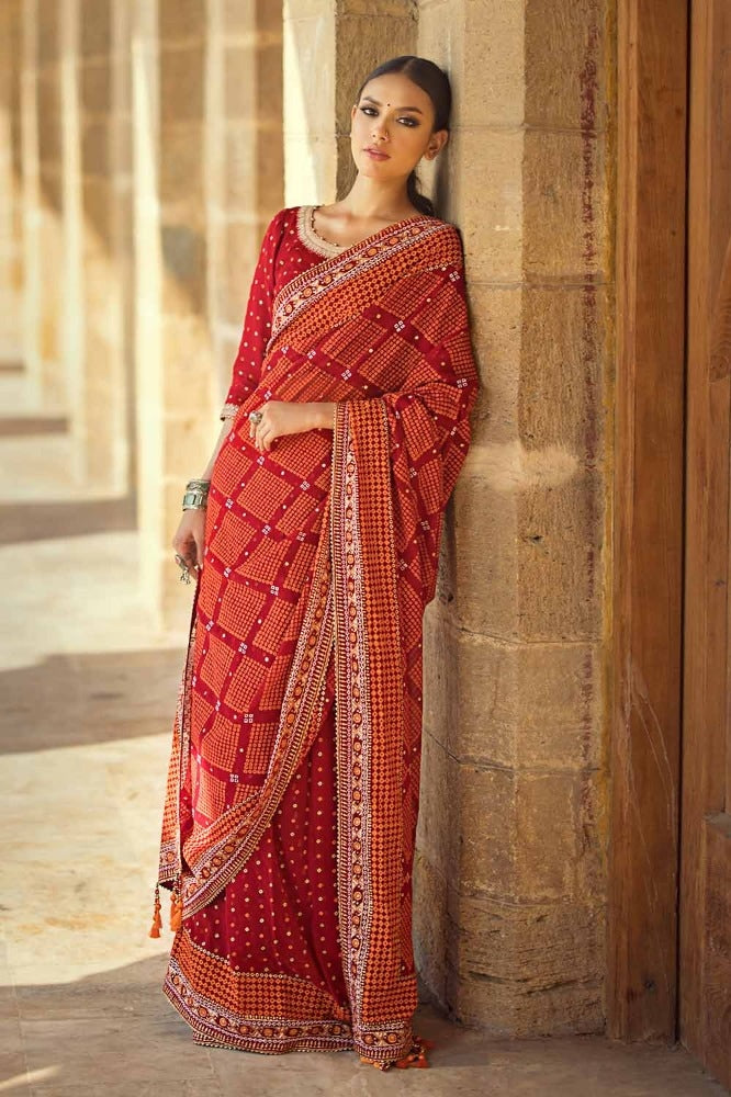 2 Piece Embroidered Gold and Lacquer Printed Chiffon Unstitched Saree with Raw Silk Blouse PRS-42004