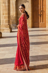 2 Piece Embroidered Gold and Lacquer Printed Chiffon Unstitched Saree with Raw Silk Blouse PRS-42004