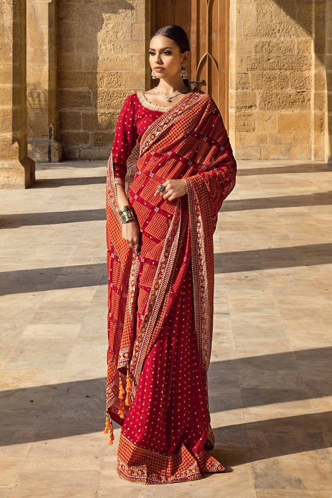 2 Piece Embroidered Gold and Lacquer Printed Chiffon Unstitched Saree with Raw Silk Blouse PRS-42004