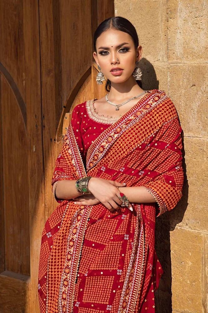 2 Piece Embroidered Gold and Lacquer Printed Chiffon Unstitched Saree with Raw Silk Blouse PRS-42004