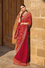 2 Piece Embroidered Gold and Lacquer Printed Chiffon Unstitched Saree with Raw Silk Blouse PRS-42004
