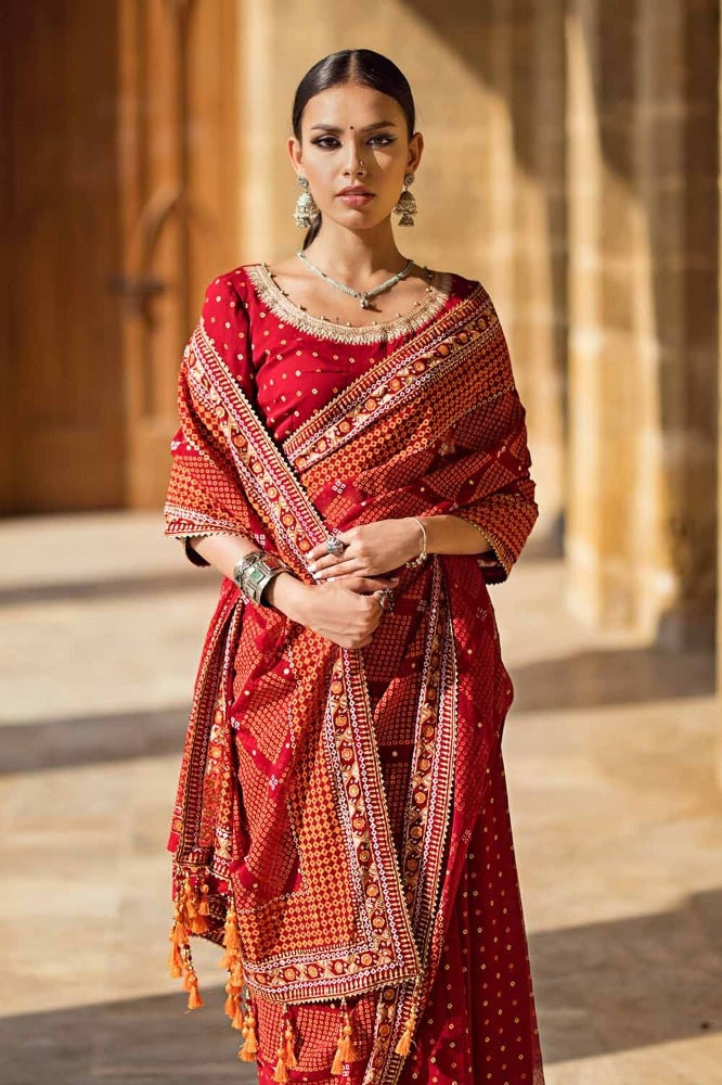 2 Piece Embroidered Gold and Lacquer Printed Chiffon Unstitched Saree with Raw Silk Blouse PRS-42004