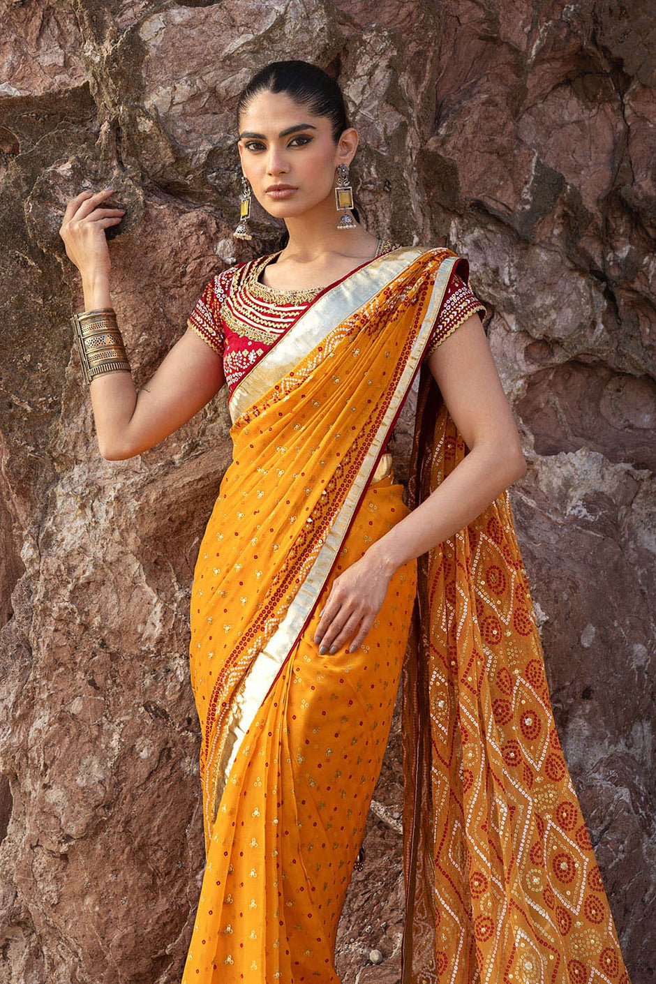 3 Piece Unstitched Gota Sequins Handwork Chiffon Saree