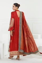 3 Piece Unstitched Gold Lacquer Printed Embroidered Cotton Silk Suit with Embroidered Jacquard Dupatta PRW-42003