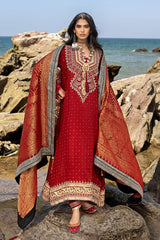 3 Piece Unstitched Gold Lacquer Printed Embroidered Cotton Silk Suit with Embroidered Jacquard Dupatta PRW-42003