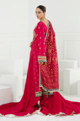 3 Piece Unstitched Gold Lacquer Printed Embroidered Cotton Silk Suit with Embroidered Jacquard Dupatta PRW-42004