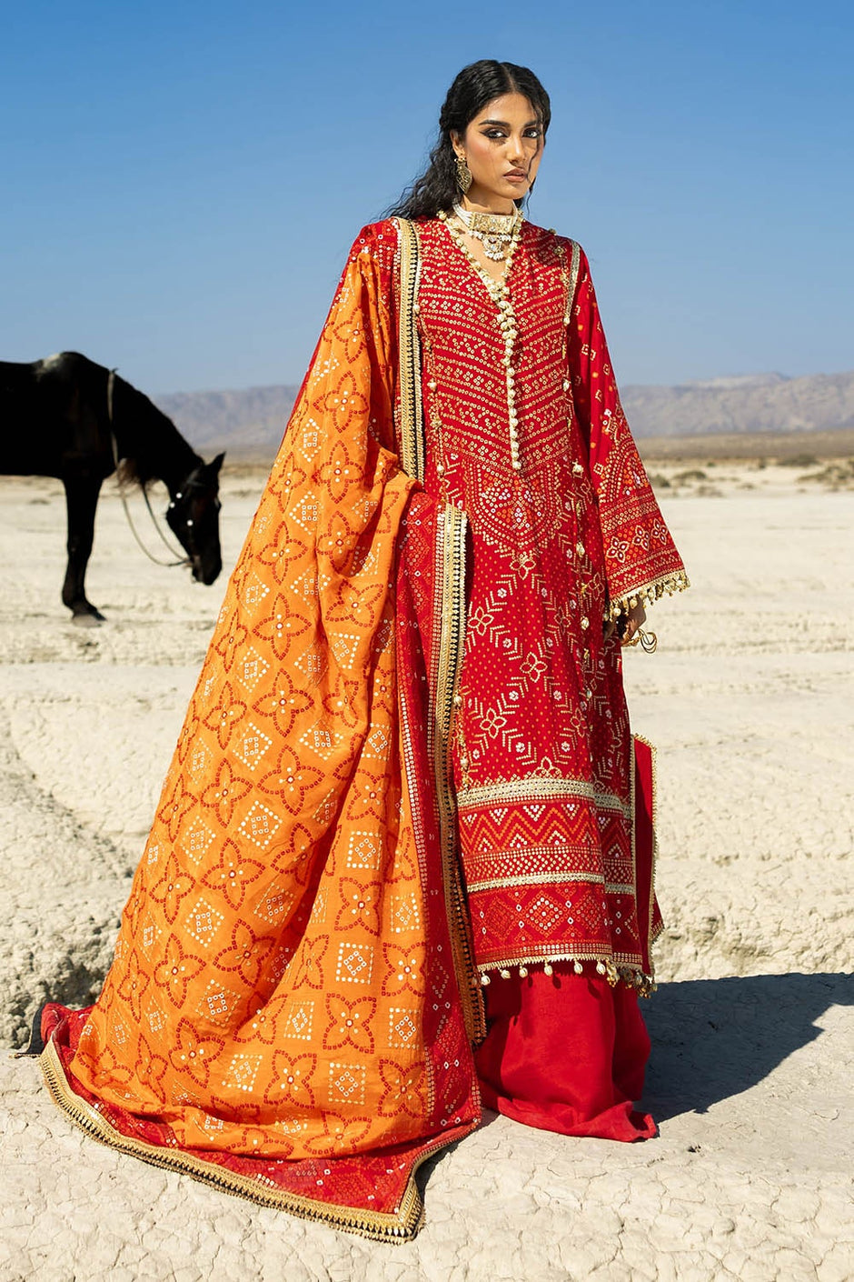 3 Piece Unstitched Gold Lacquer Embroidered Raw Silk Suit with Embroidered Raw Silk Dupatta