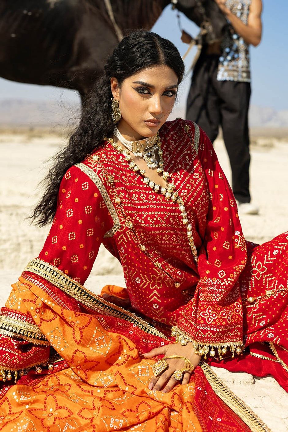 3 Piece Unstitched Gold Lacquer Embroidered Raw Silk Suit with Embroidered Raw Silk Dupatta
