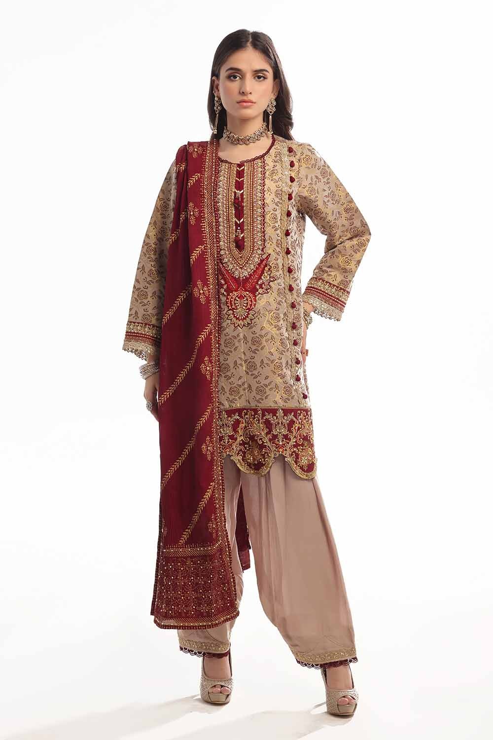 3 Piece Unstitched Raw Silk Embroidered Suit with Gold Printed Silk Dupatta PRW-42014