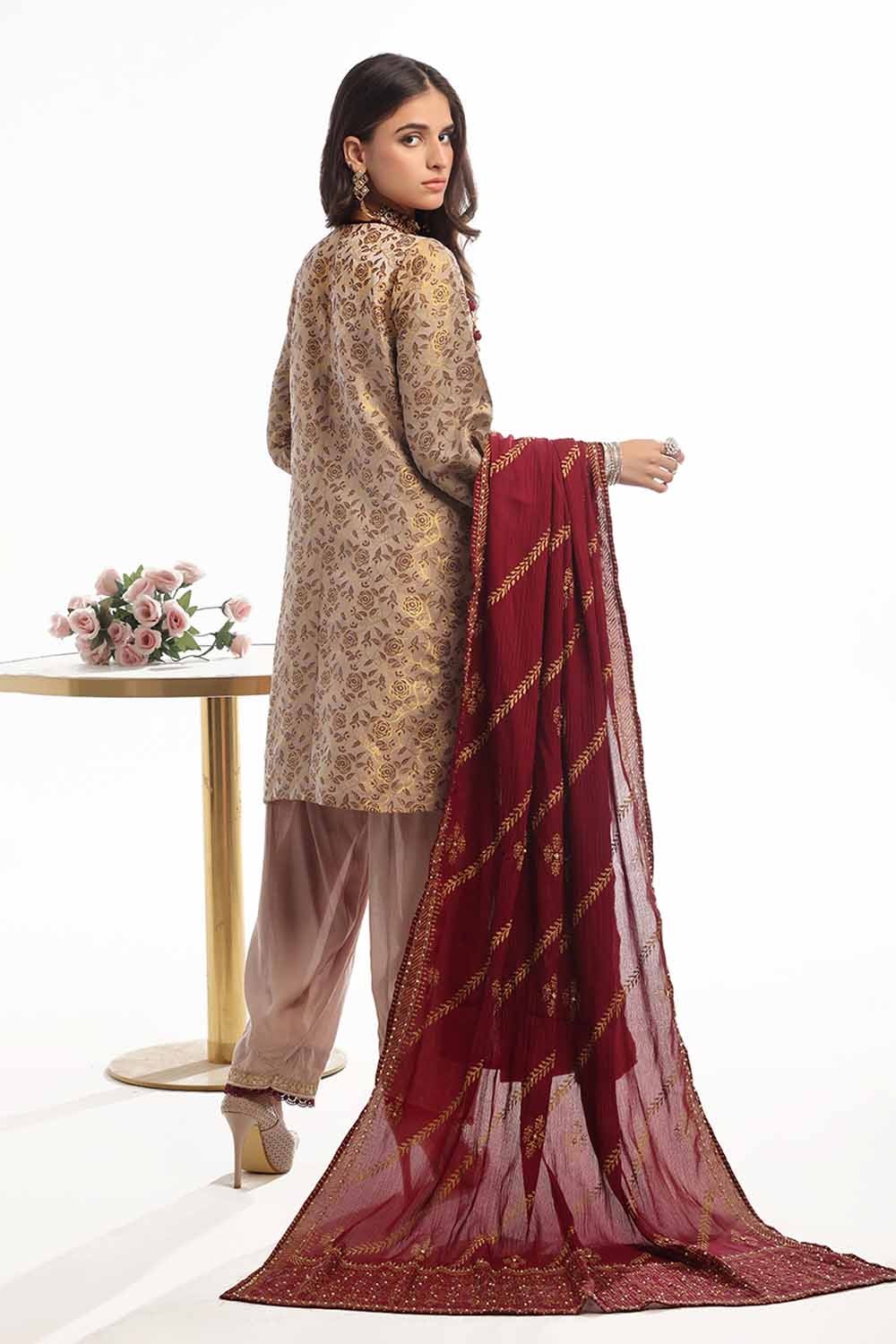3 Piece Unstitched Raw Silk Embroidered Suit with Gold Printed Silk Dupatta PRW-42014