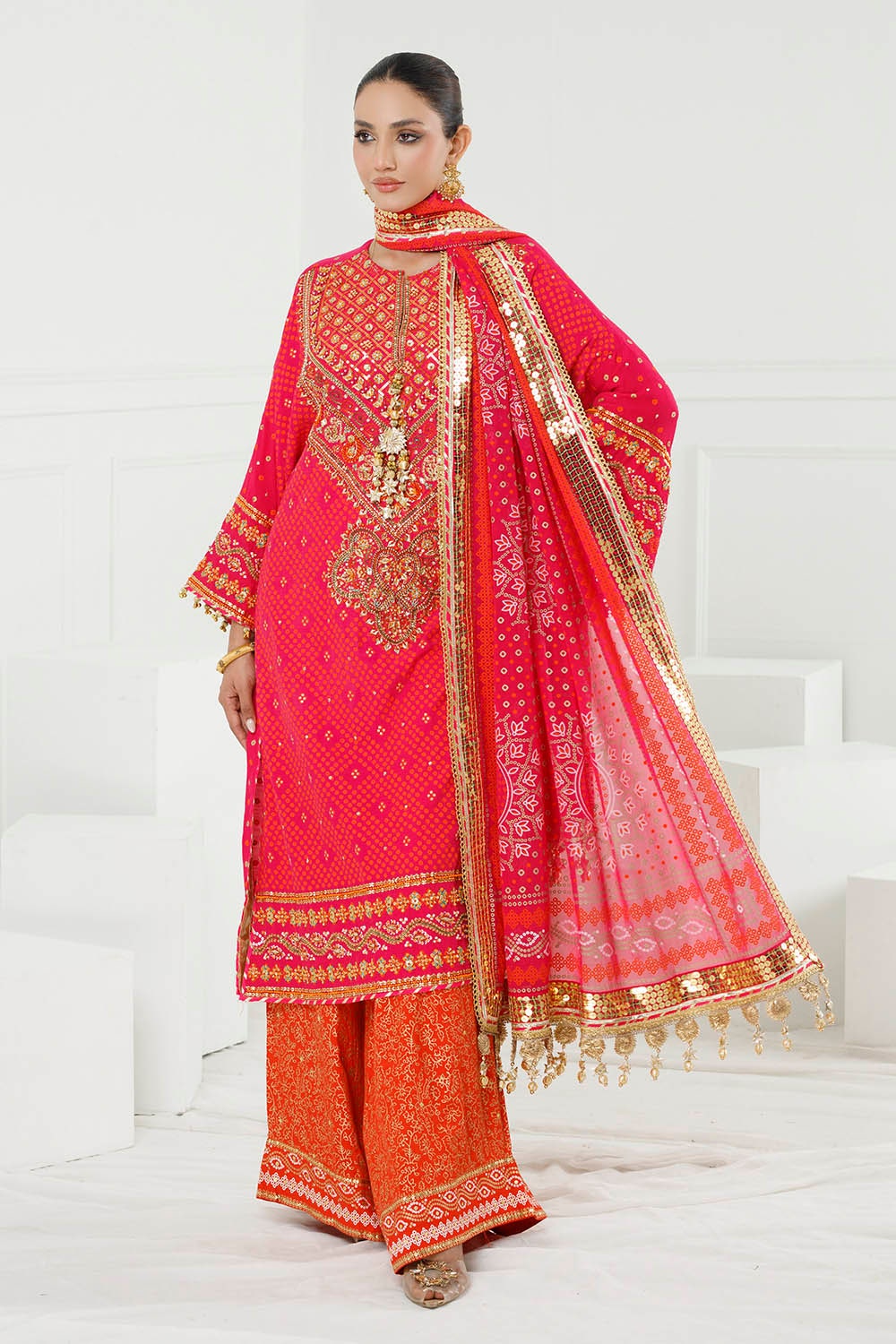 3 Piece Unstitched Gold Lacquer Embroidered Raw Silk Suit with Embroidered Chiffon Dupatta PRW-52019