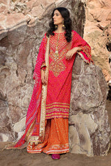 3 Piece Unstitched Gold Lacquer Embroidered Raw Silk Suit with Embroidered Chiffon Dupatta PRW-52019