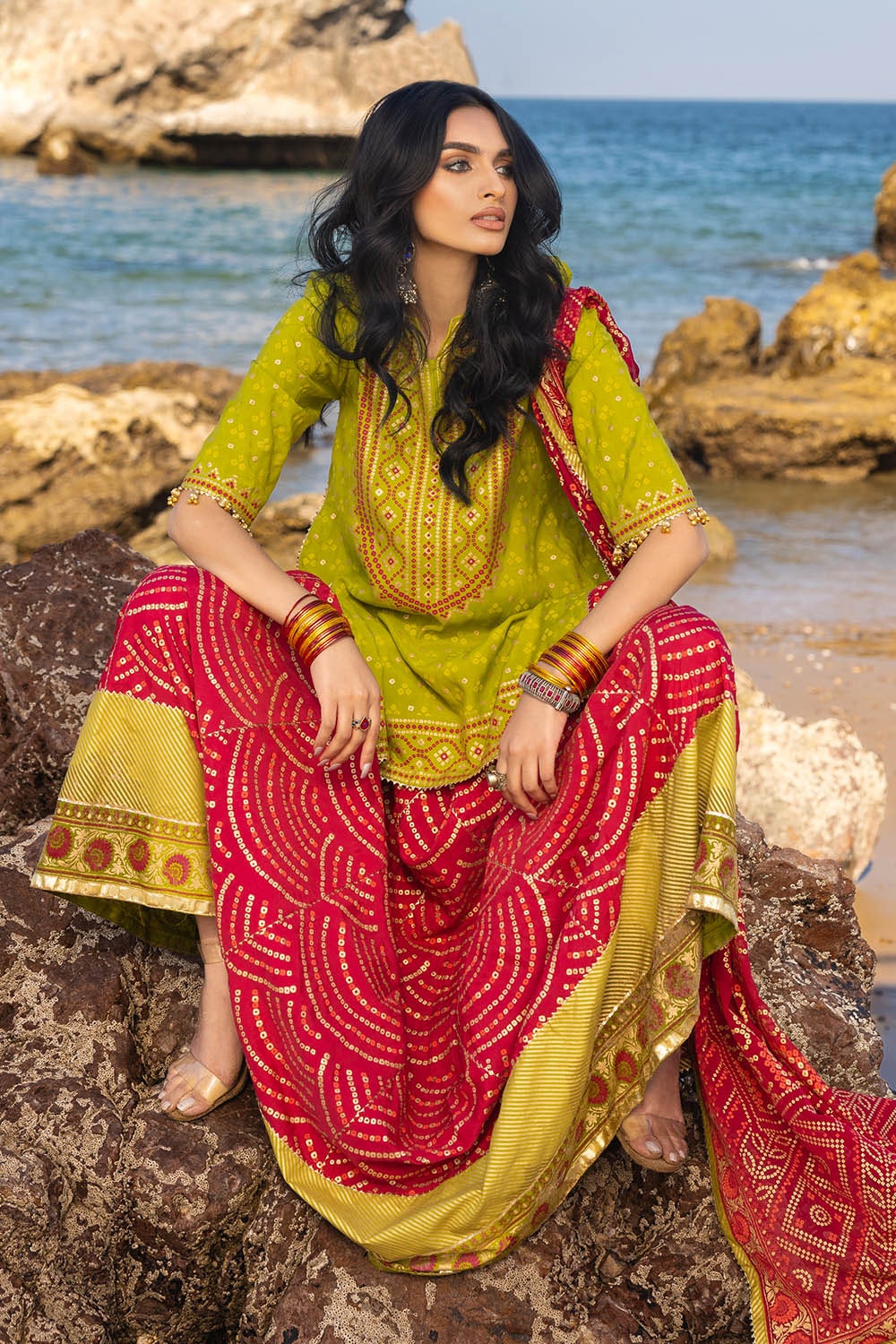 3 Piece Unstitched Gold Lacquer Printed Embroidered Raw Silk Suit with Gold Lacquer Printed Chiffon Dupatta