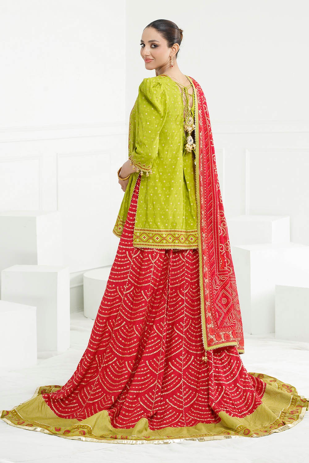 3 Piece Unstitched Gold Lacquer Printed Embroidered Raw Silk Suit with Gold Lacquer Printed Chiffon Dupatta