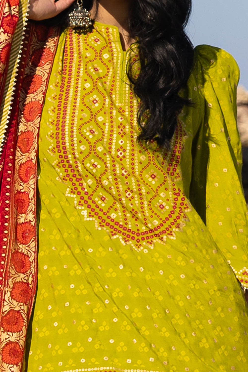 3 Piece Unstitched Gold Lacquer Printed Embroidered Raw Silk Suit with Gold Lacquer Printed Chiffon Dupatta