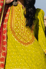 3 Piece Unstitched Gold Lacquer Printed Embroidered Raw Silk Suit with Gold Lacquer Printed Chiffon Dupatta PRW-52021