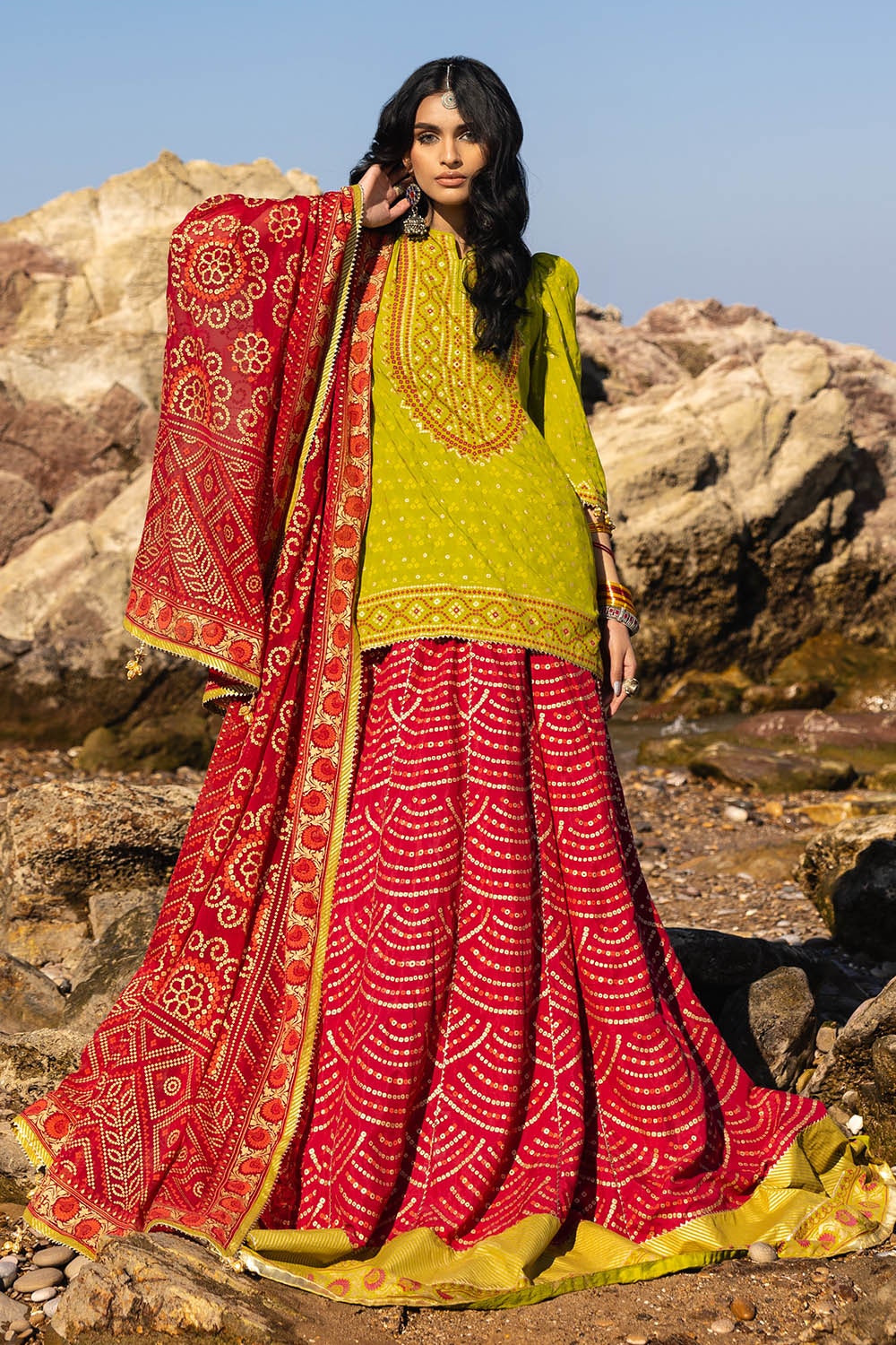 3 Piece Unstitched Gold Lacquer Printed Embroidered Raw Silk Suit with Gold Lacquer Printed Chiffon Dupatta