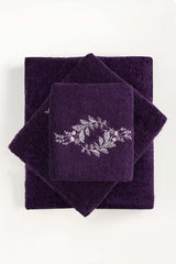 Purple 3 Pc Combed Embroidered Towel Set