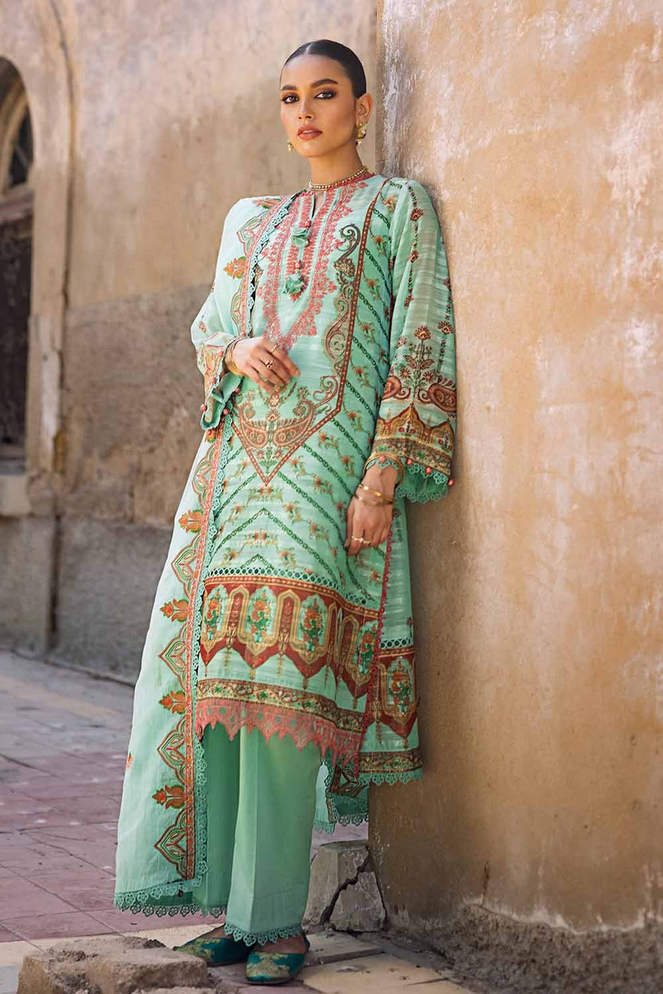 3 Piece Embroidered  Digital Printed Paper Cotton Sequins Unstitched Suit with Embroidered Stripe Cotton Silk Dupatta