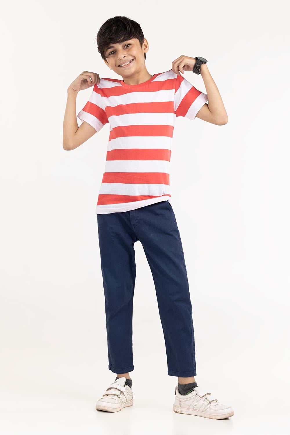 Junior Boy Red Stripped Knit Top JBKT-2210097