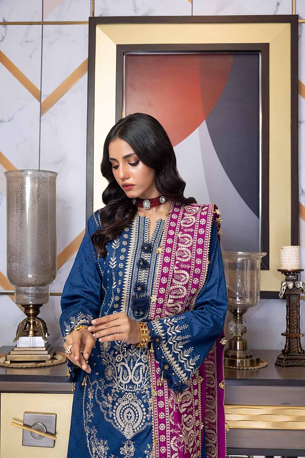3 Piece Embroidered Jacquard Unstitched Suit with Embroidered Paper Cotton Dupatta FE-32013
