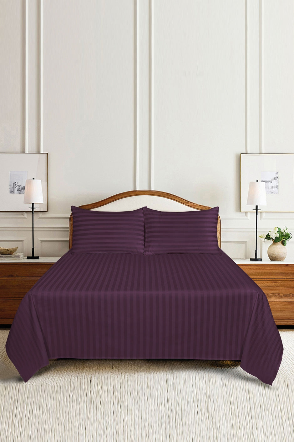 Royal Plum Stripe Satin T-250 Bed Sheet Set