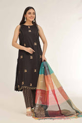 3 Piece Unstitched Jacquard  Gold and Lacquer Printed Suit MJ-42048