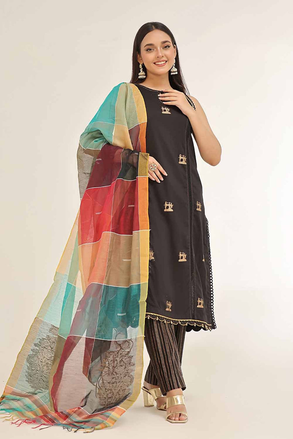 3 Piece Unstitched Jacquard  Gold and Lacquer Printed Suit
