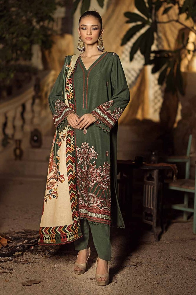 3 Piece Embroidered Dyed Karandi Unstitched Suit with Embroidered Karandi Shawl