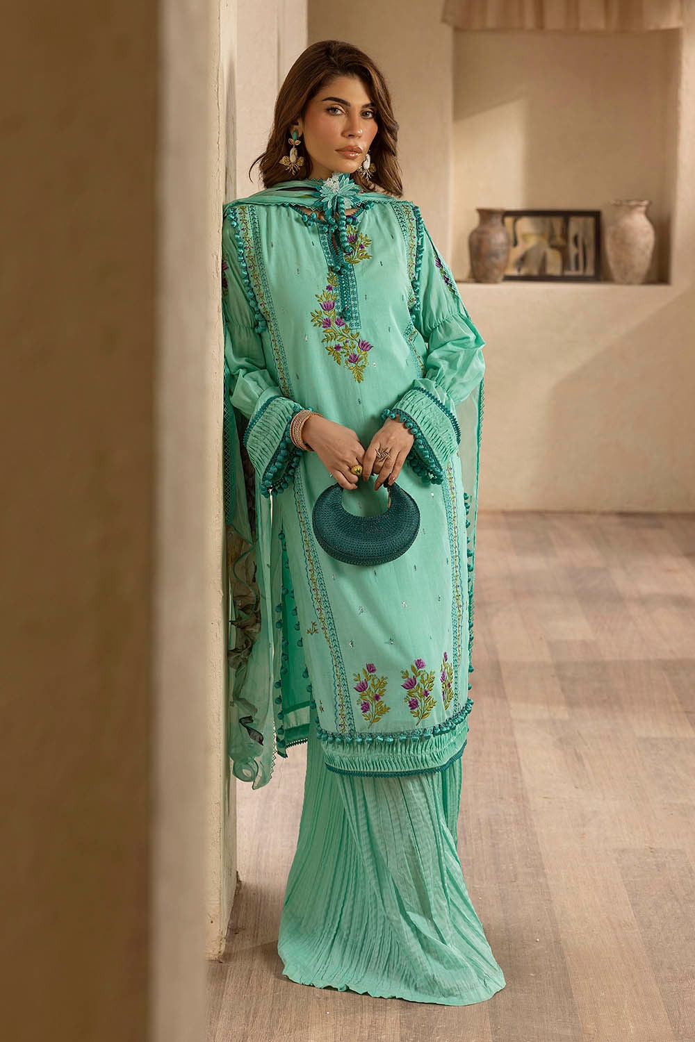 3 Piece Unstitched Embroidered Lawn Suit with Embroidered Printed Chiffon Dupatta BM-52015