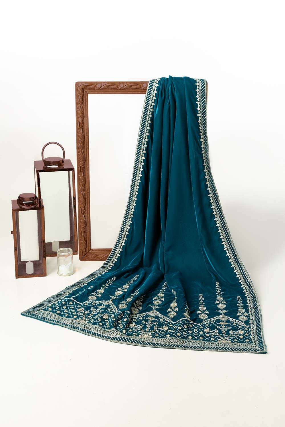 Sea Green Velvet Embroidered Shawl SH-24-080