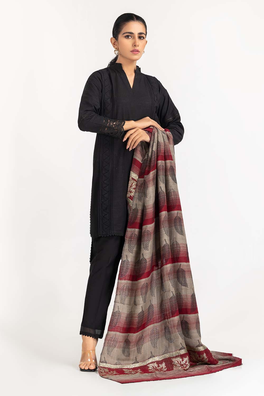 Maroon Shawl With Leaf Pattern