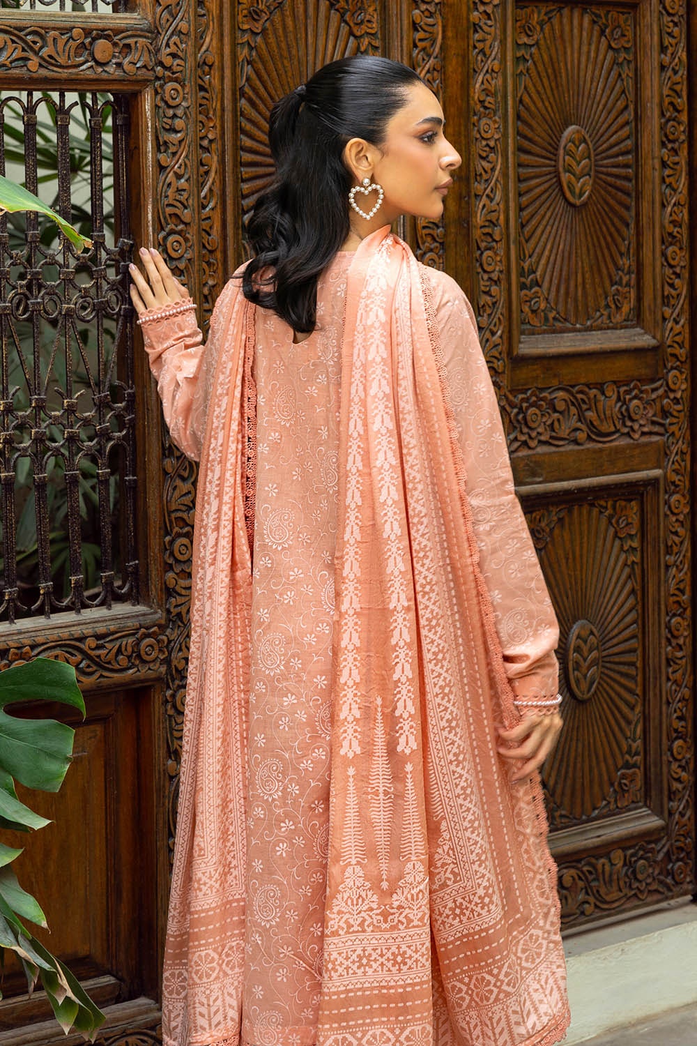 3 Piece Unstitched Gold Lacquer Printed Suit with Burnout Silk Dupatta