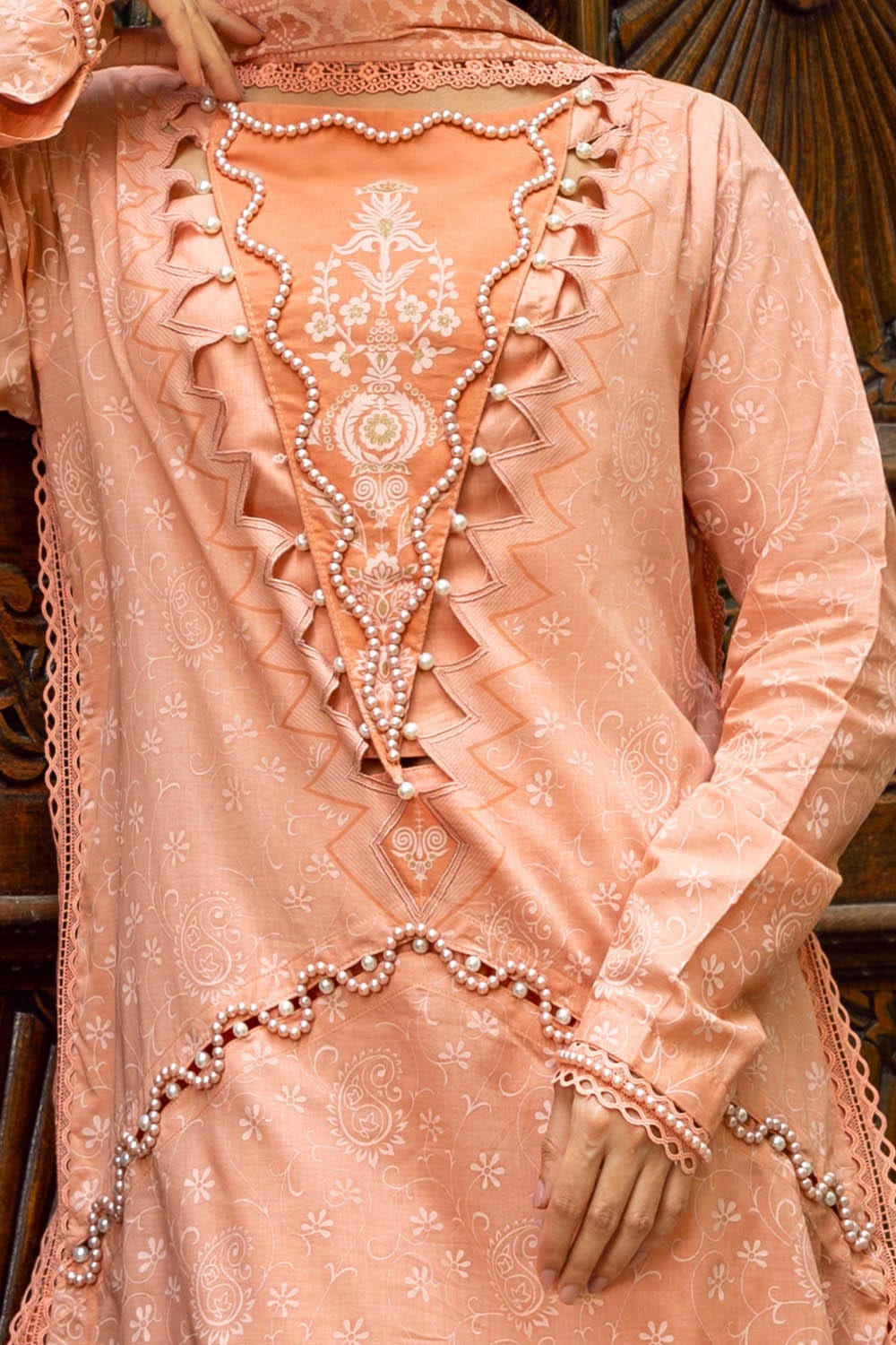 3 Piece Unstitched Gold Lacquer Printed Suit with Burnout Silk Dupatta