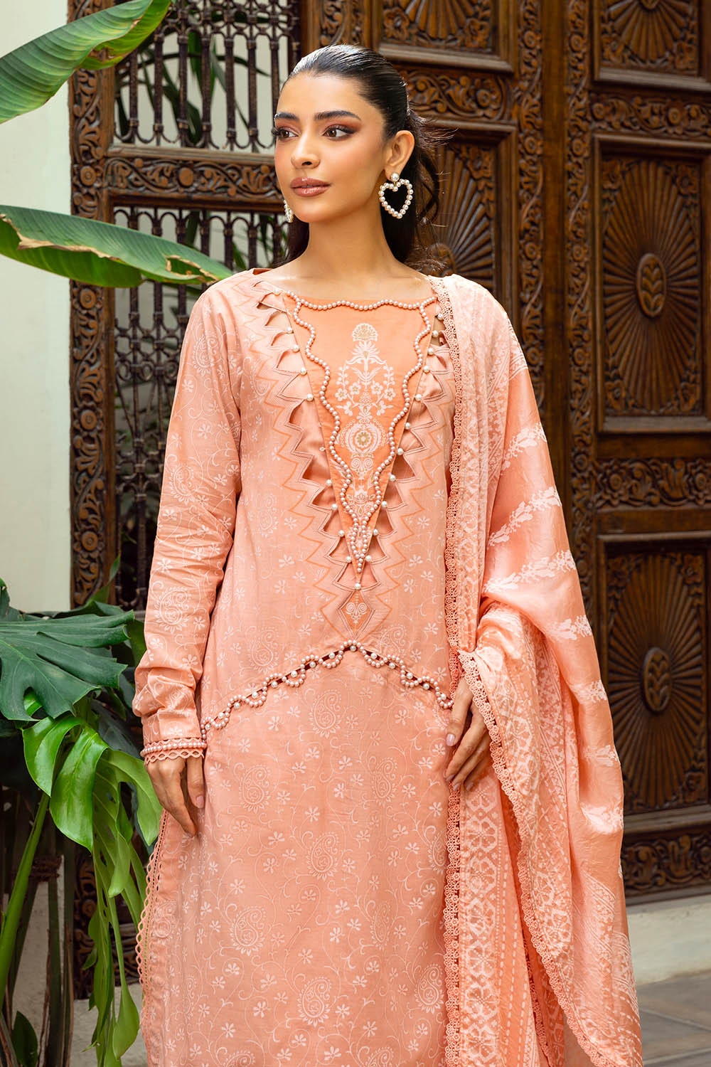 3 Piece Unstitched Gold Lacquer Printed Suit with Burnout Silk Dupatta