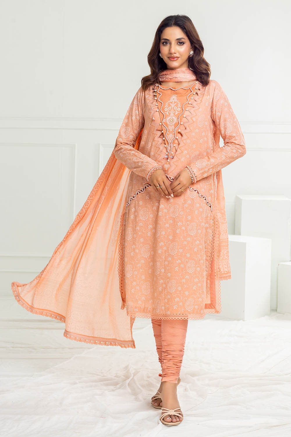 3 Piece Unstitched Gold Lacquer Printed Suit with Burnout Silk Dupatta