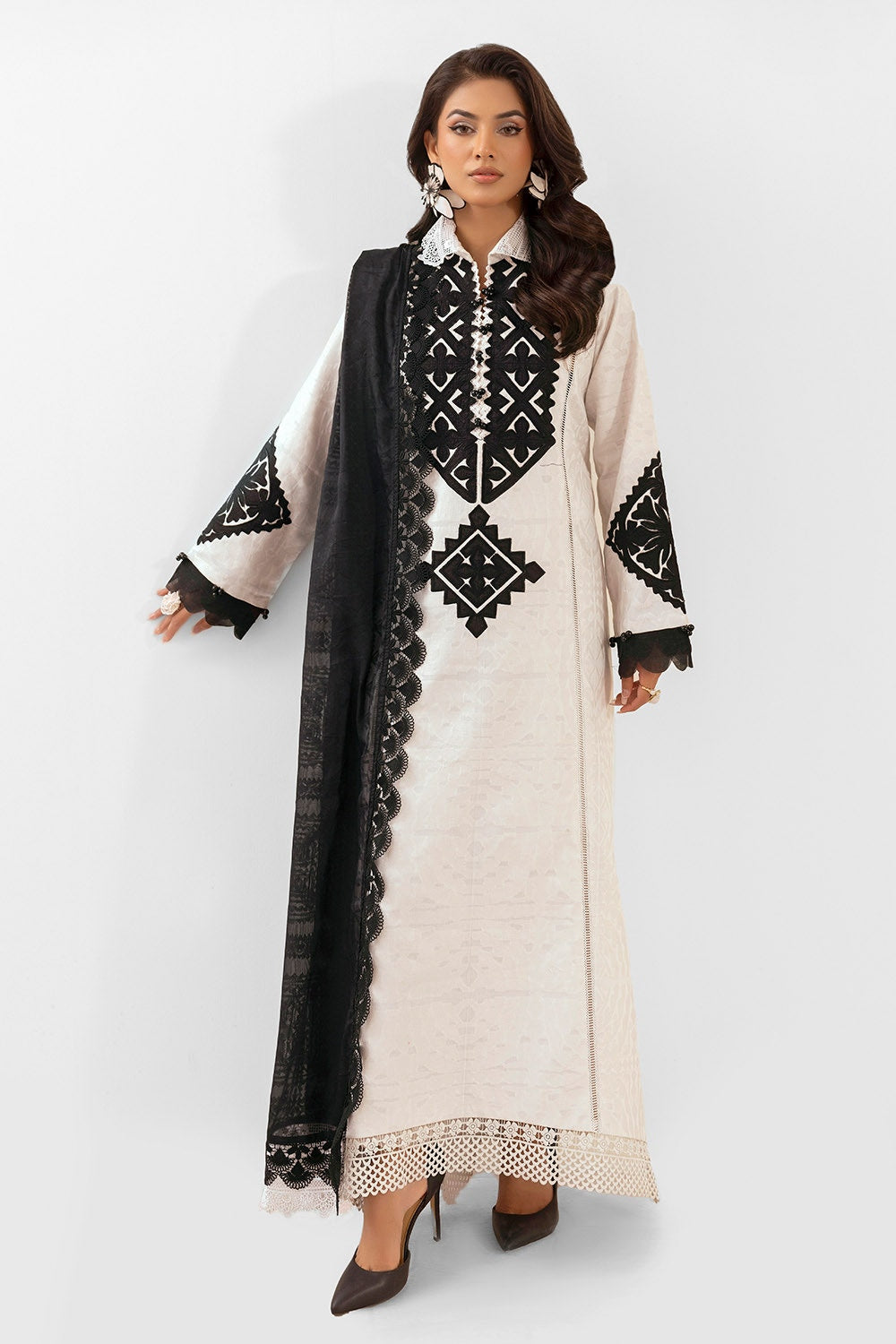 3 Piece Unstitched Embroidered Jacquard Suit with Burnout Raw Silk Dupatta FE-52082