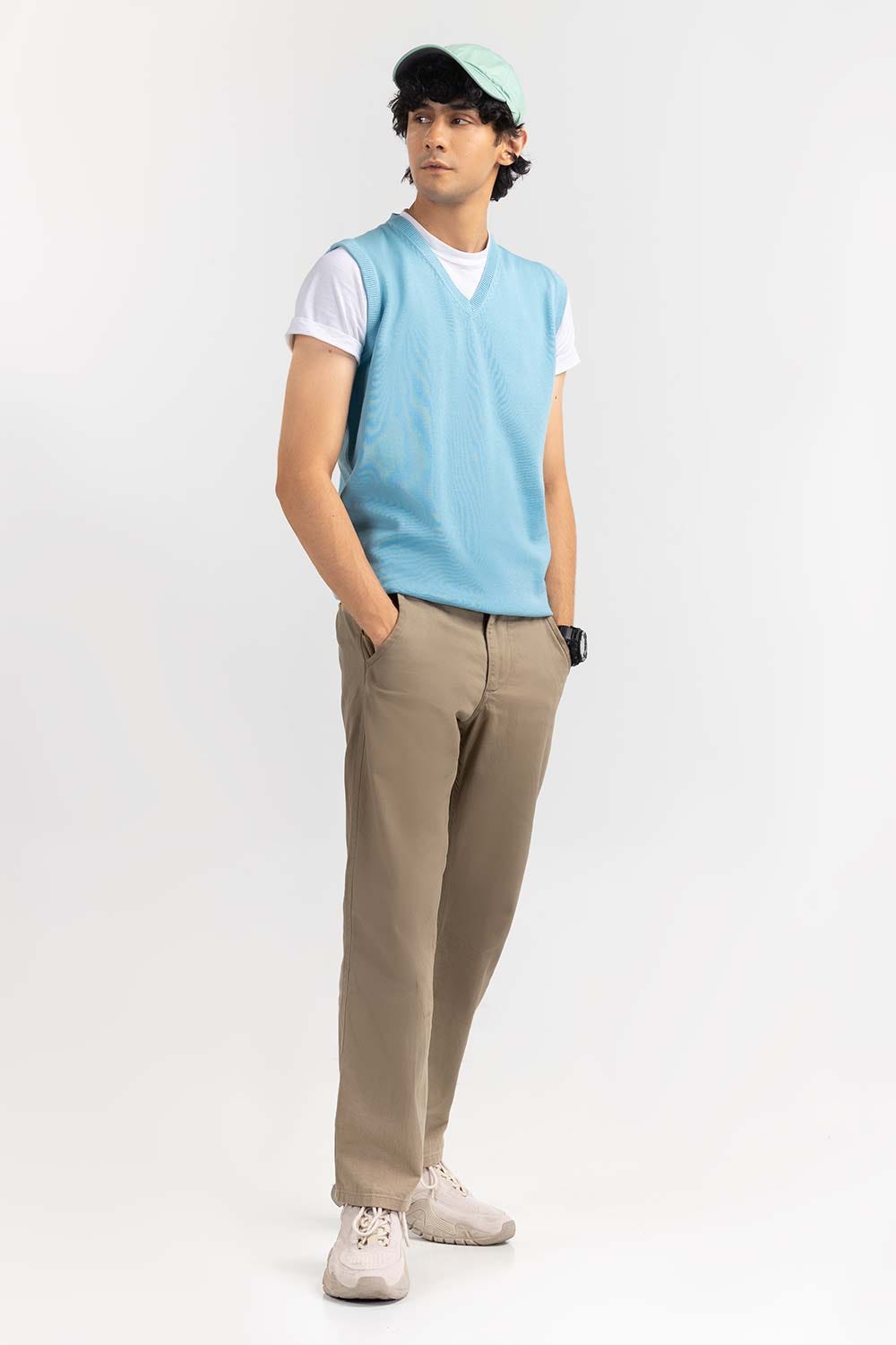 Sky Blue Basic V Neck Sleeveless Sweater SWT-BSLVN-22-012