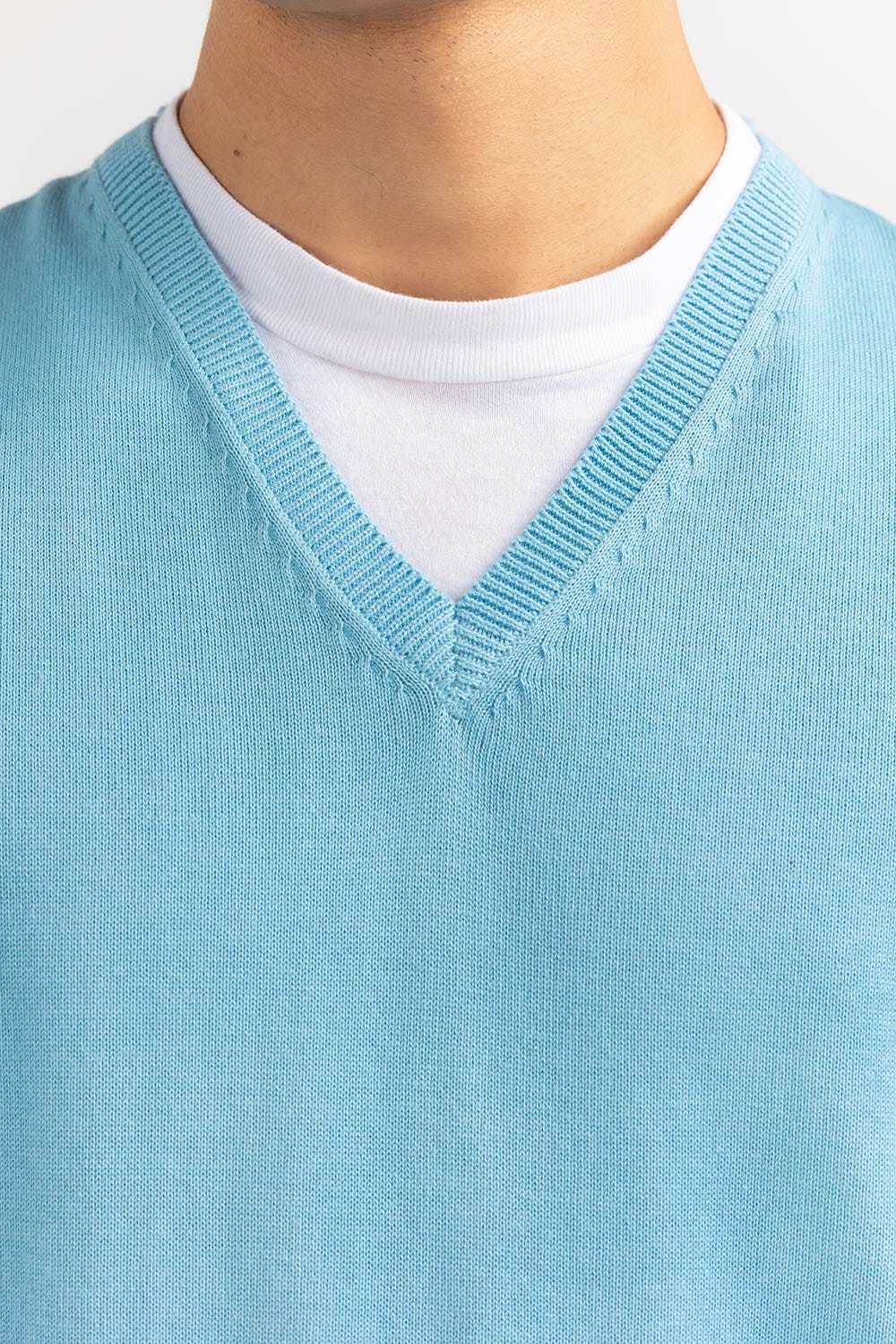 Sky Blue Basic V Neck Sleeveless Sweater SWT-BSLVN-22-012