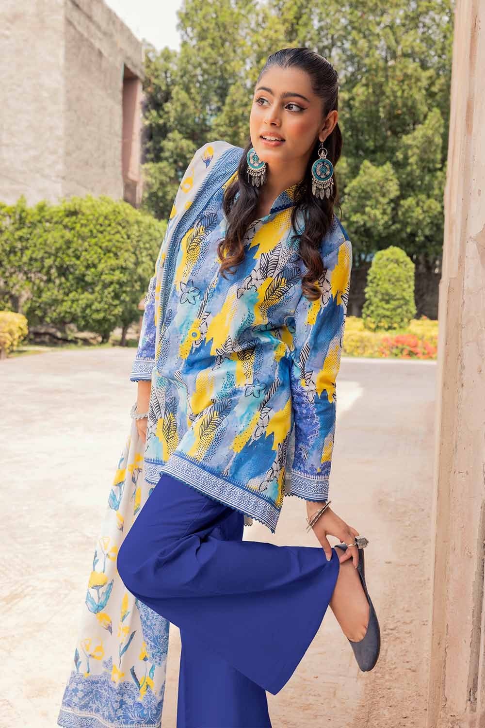 3 Piece Unstitched Printed Lawn Suit with Woven Stripe Dupatta