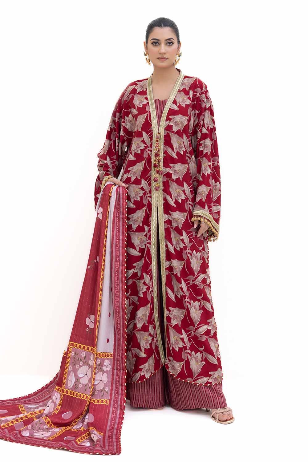 3 Piece Unstitched Gold Printed Polyestor Suit with Printed Sequins Stripe Dupatta