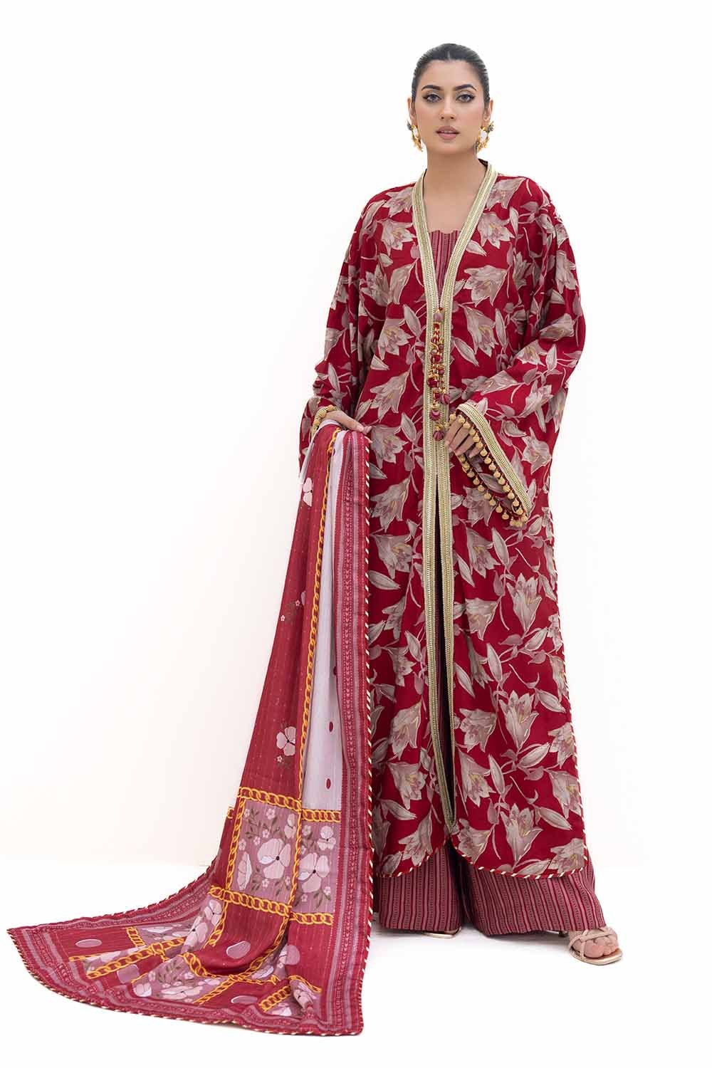 3 Piece Unstitched Gold Printed Polyestor Suit with Printed Sequins Stripe Dupatta