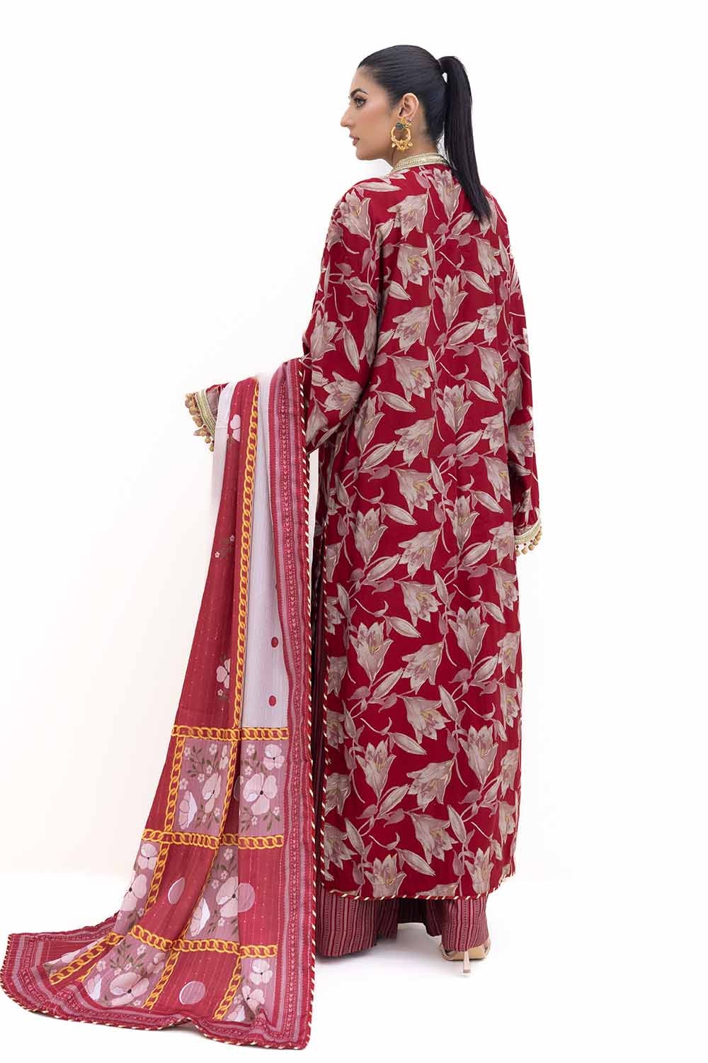 3 Piece Unstitched Gold Printed Polyestor Suit with Printed Sequins Stripe Dupatta