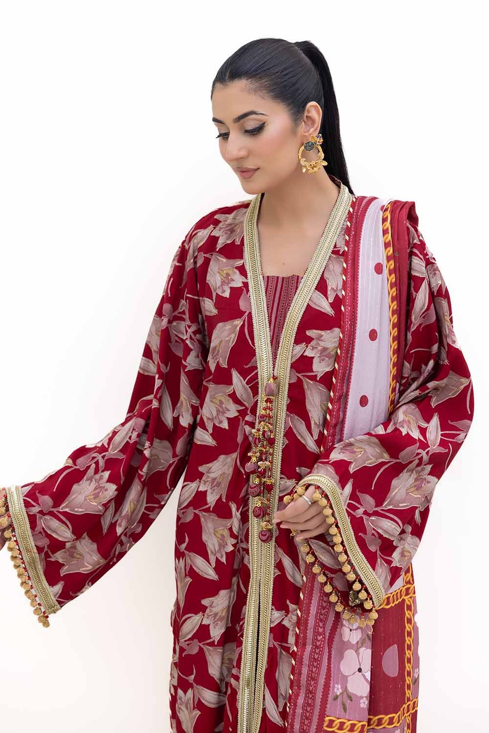 3 Piece Unstitched Gold Printed Polyestor Suit with Printed Sequins Stripe Dupatta