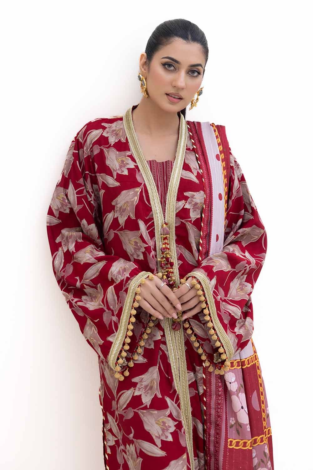 3 Piece Unstitched Gold Printed Polyestor Suit with Printed Sequins Stripe Dupatta